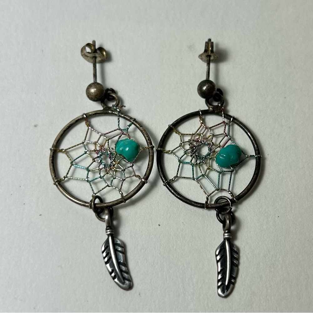 Sterling Silver and Turquoise Southwestern Dream Catcher Earrings Signed